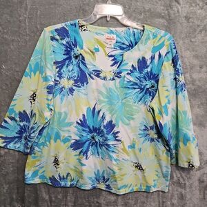 Ruby Rd Favorites Womens Sz 2XL Blue yellow Floral Top 3/4 sleeve